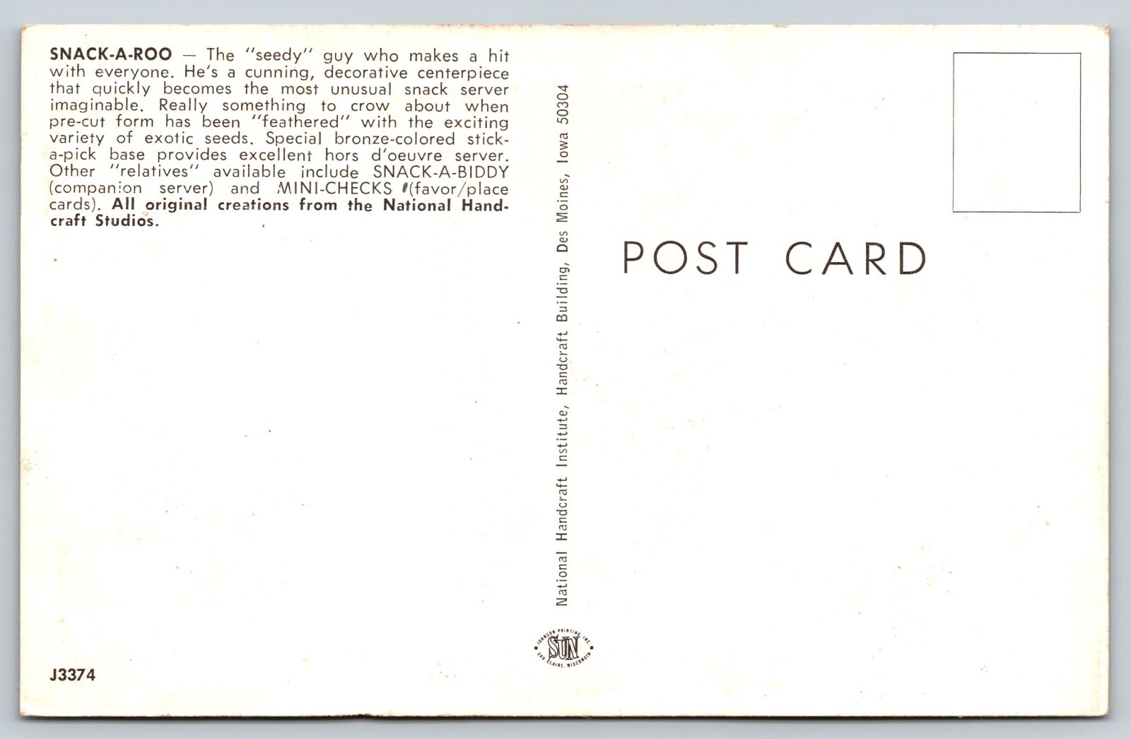 Snack A Roo Postcard National Handcraft Advertising Postcard - Image 2