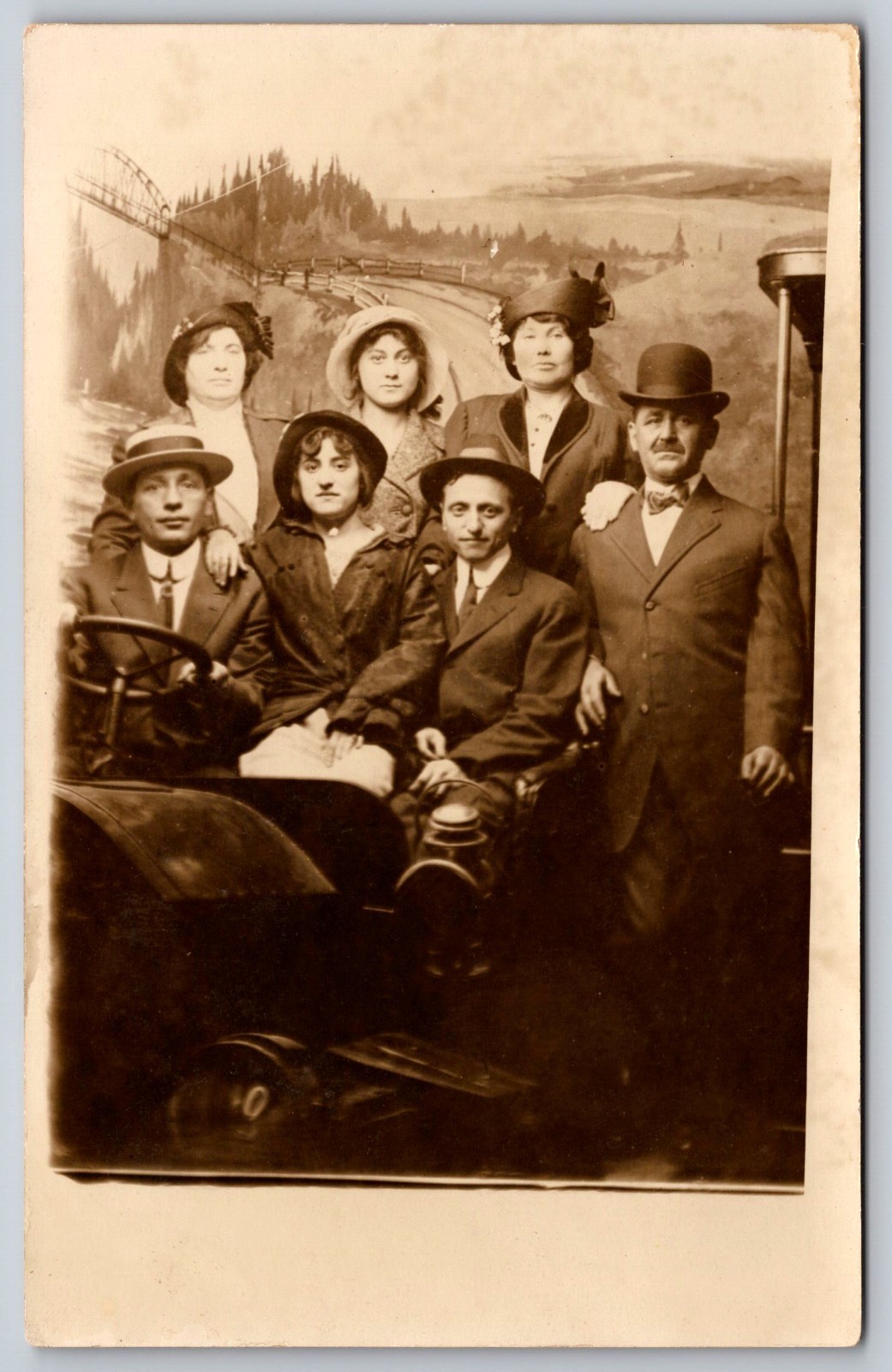 Family Of Seven In Car Prop Photo Postcard RPPC