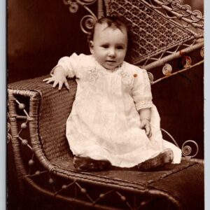 Baby Posing In Elaborate Wicker Chair Photo Postcard RPPC