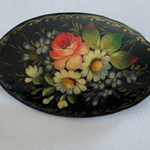 Black Lacquer Hand Painted Flowers Brooch