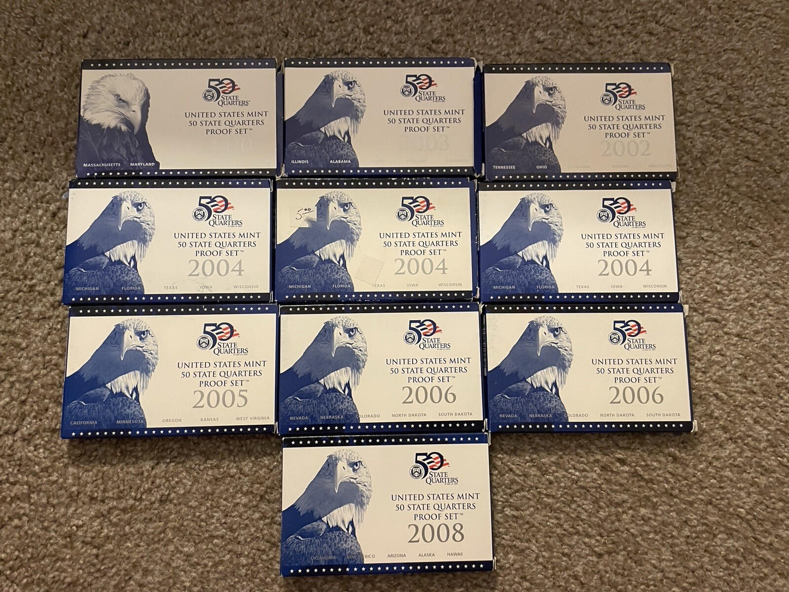 2000-2008 United States Mint 50 State Quarters Proof Sets W/COA 10 Sets
