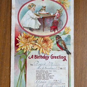 A Birthday Greeting Card Little Girl With Her Cat &Doll Tea Party Vintage 1909
