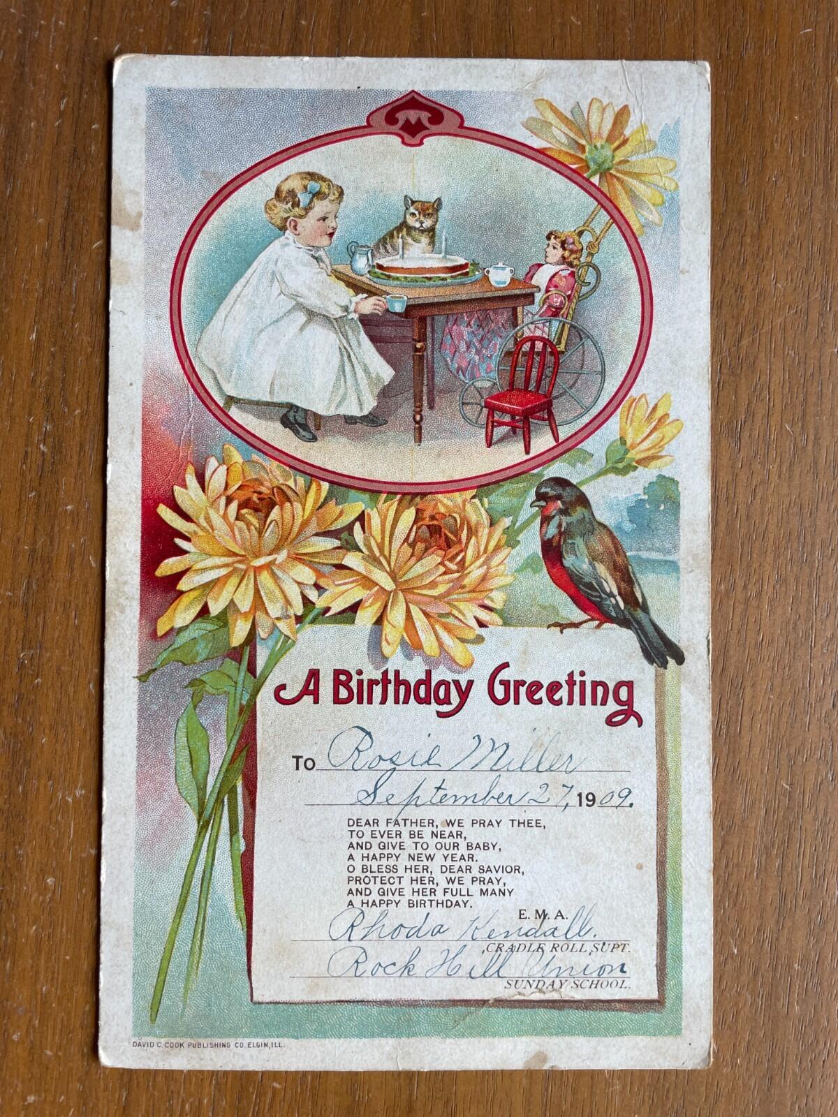 A Birthday Greeting Card Little Girl With Her Cat &Doll Tea Party Vintage 1909