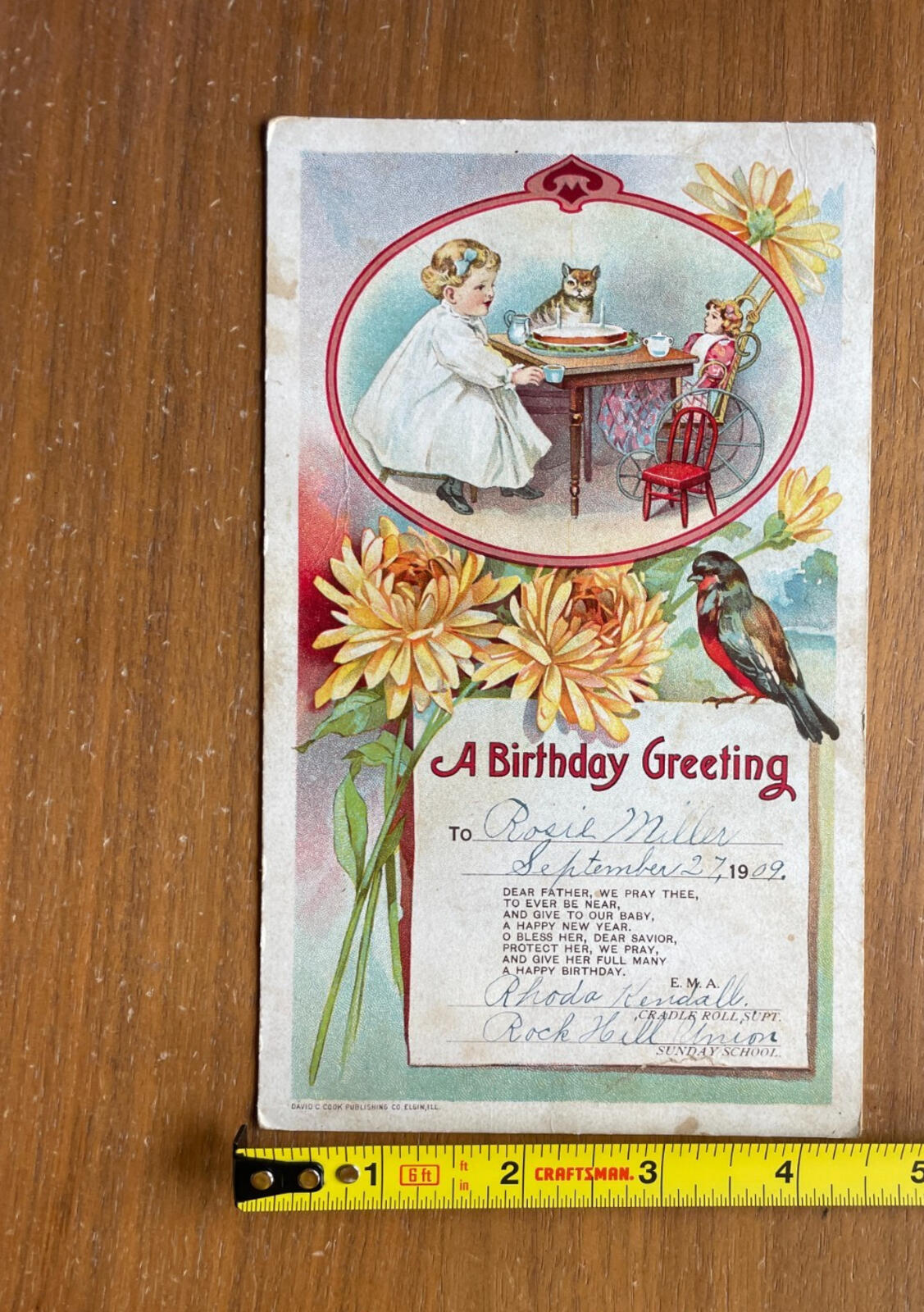 A Birthday Greeting Card Little Girl With Her Cat &Doll Tea Party Vintage 1909 - Image 5