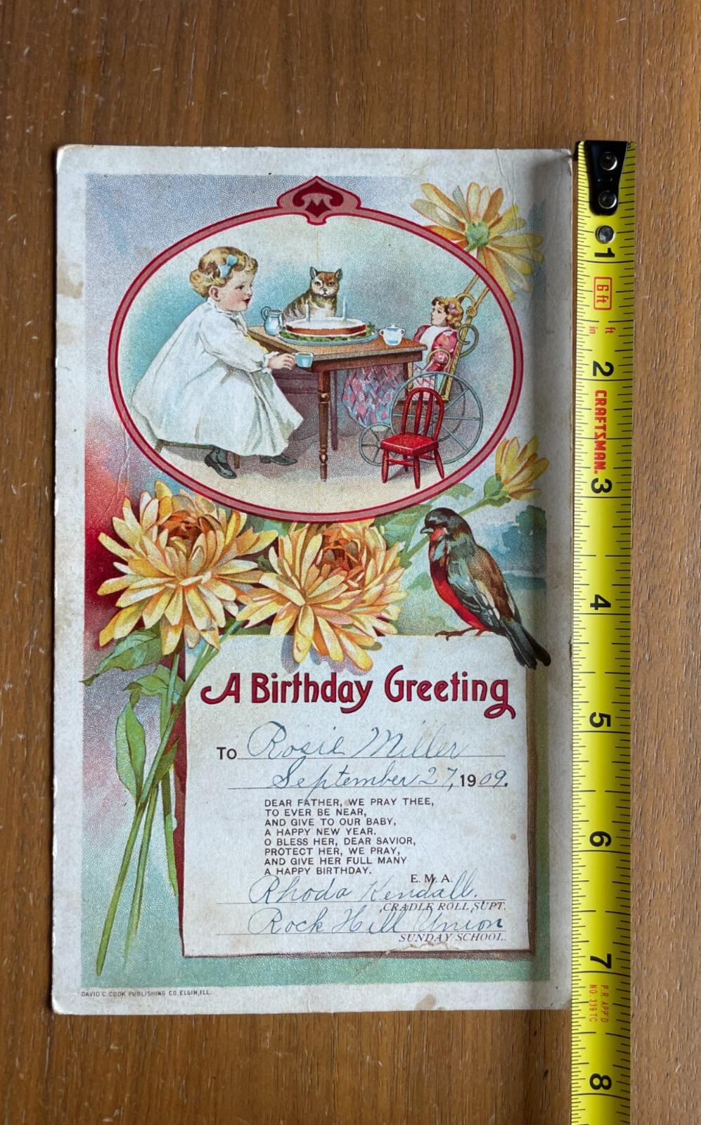 A Birthday Greeting Card Little Girl With Her Cat &Doll Tea Party Vintage 1909 - Image 6