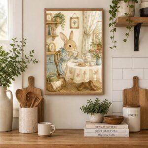 Cozy Bunny Tea Time Watercolor Wall Art Printable| Kids Room Digital Download | Sweet Bunny Illustration |