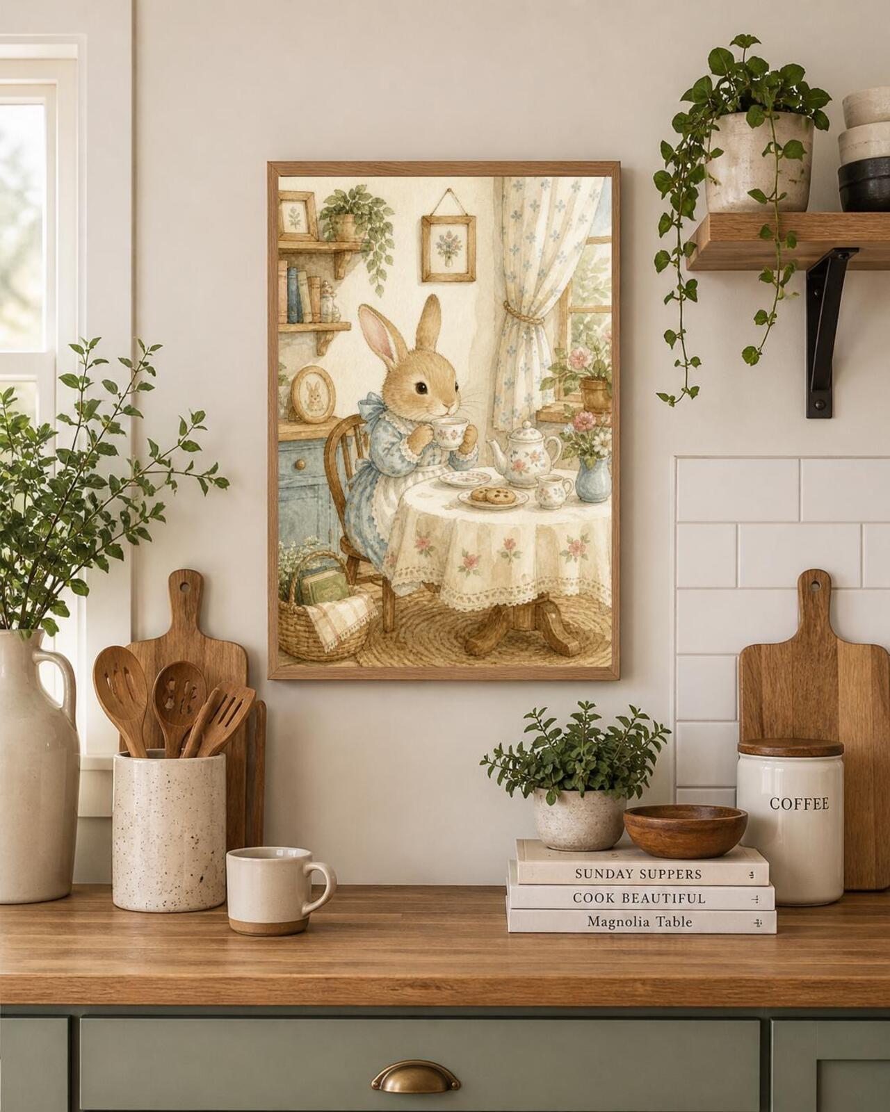 Cozy Bunny Tea Time Watercolor Wall Art Printable| Kids Room Digital Download | Sweet Bunny Illustration |