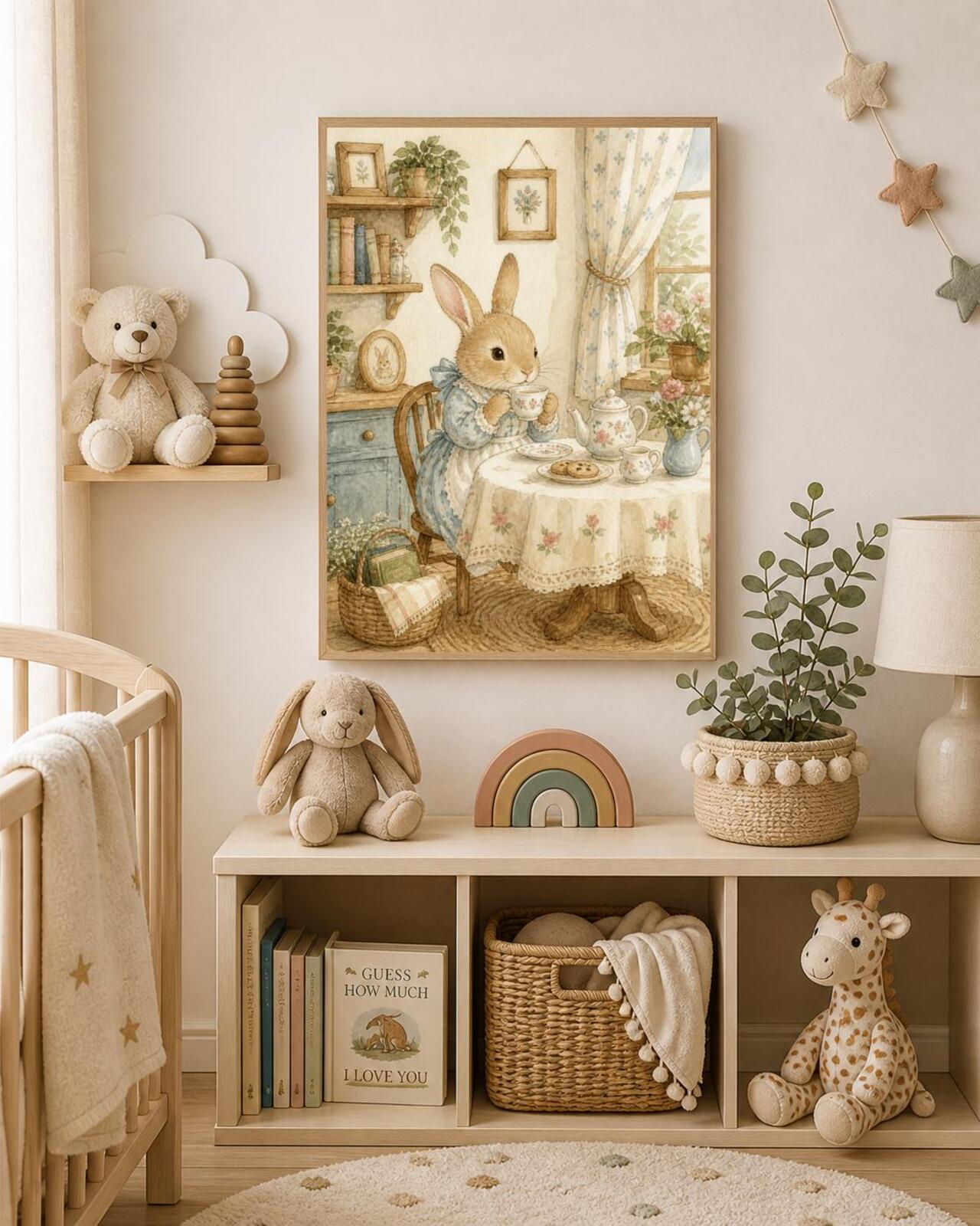 Cozy Bunny Tea Time Watercolor Wall Art Printable| Kids Room Digital Download | Sweet Bunny Illustration | - Image 2