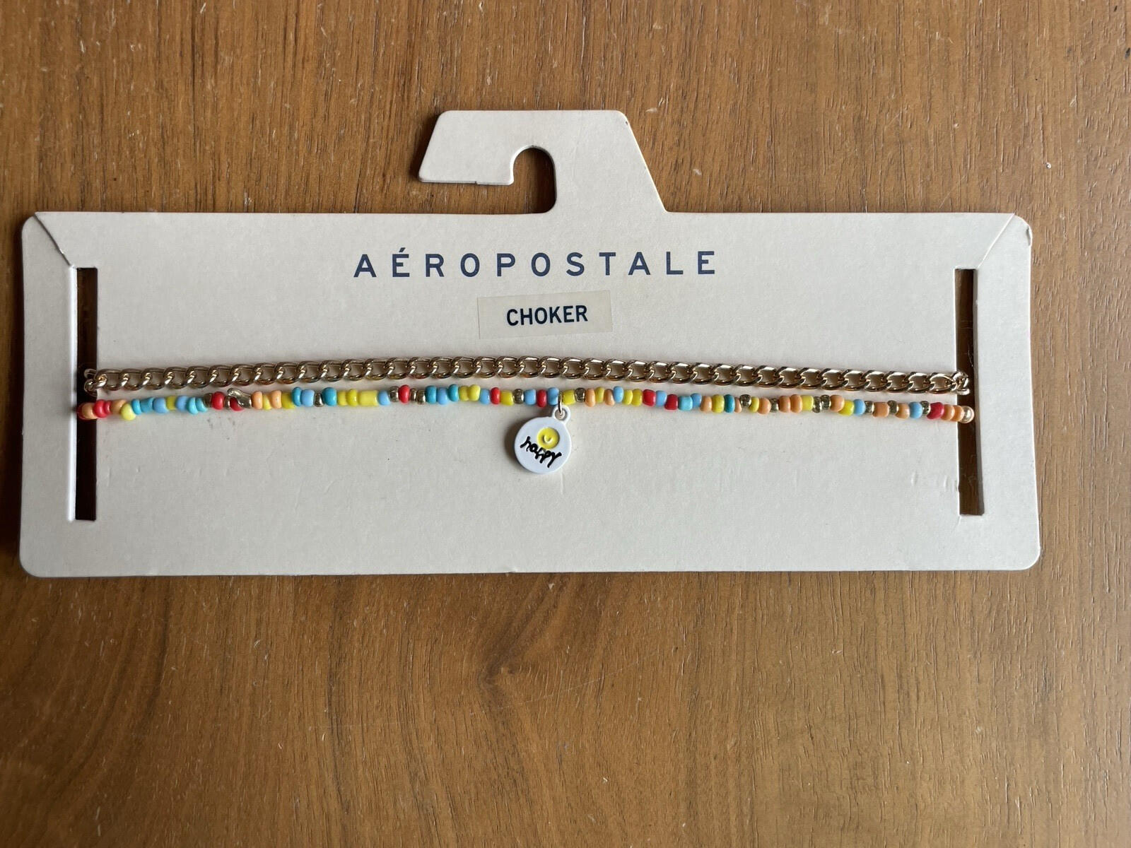 Aeropostale Choker Set Of 2 Gold Tone Chain & Smiley Face Happy Beaded Necklace
