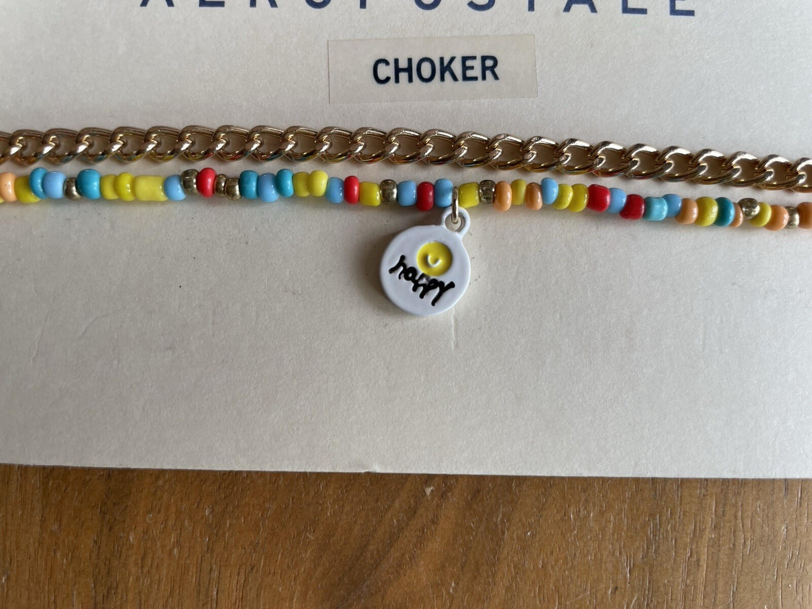 Aeropostale Choker Set Of 2 Gold Tone Chain & Smiley Face Happy Beaded Necklace - Image 2