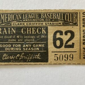 1944 American League Baseball Club Ticket Rain Check Washington Senators