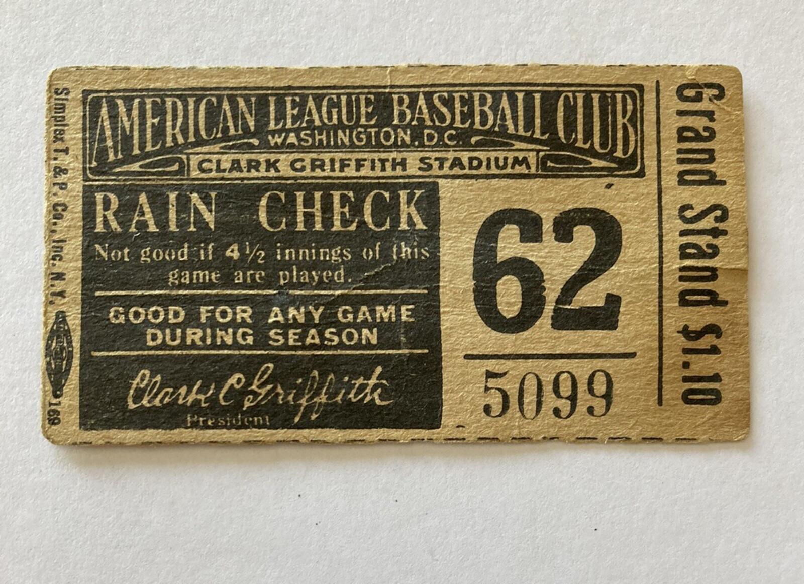 1944 American League Baseball Club Ticket Rain Check Washington Senators