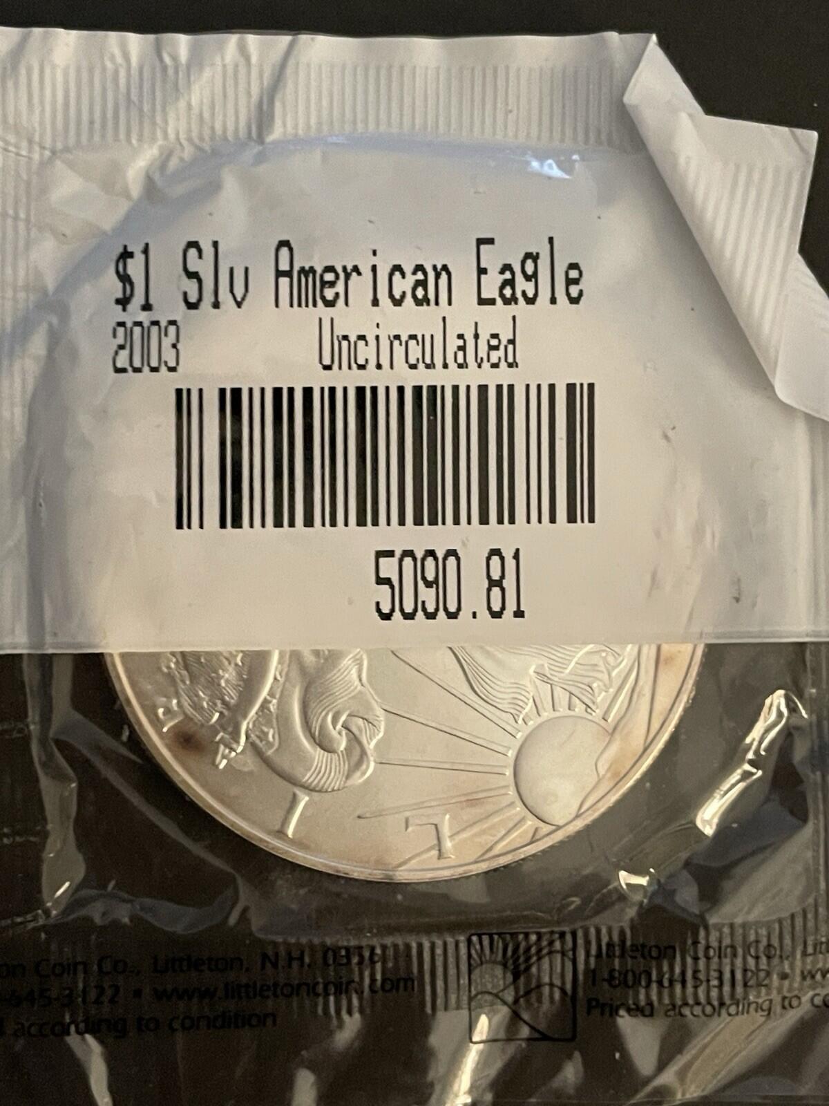 2003 Silver American Eagle Uncirculated Original Cellophane Wrapper 1oz Coin - Image 3