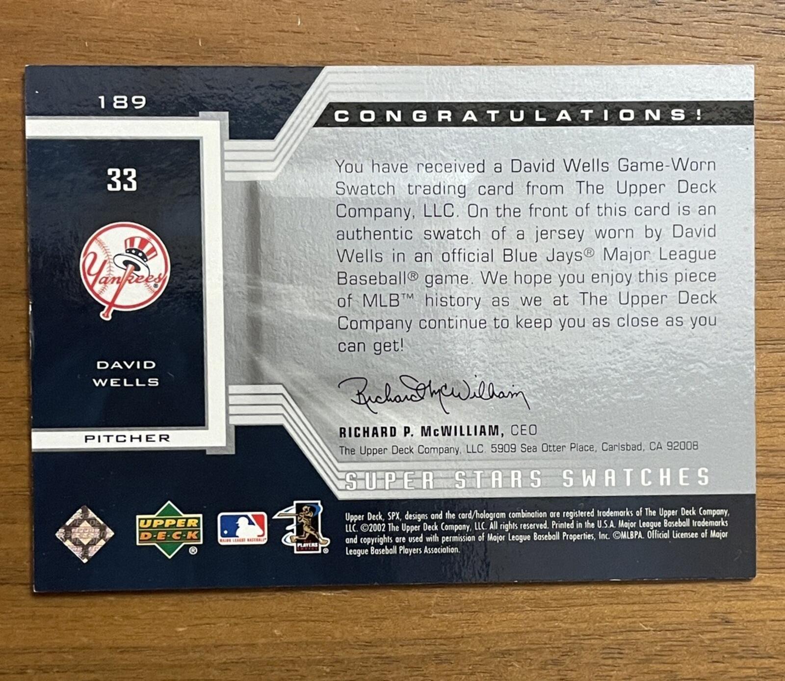 2008 Upper Deck Super Stars Swatches Patch David Wells #189 Baseball Card - Image 3