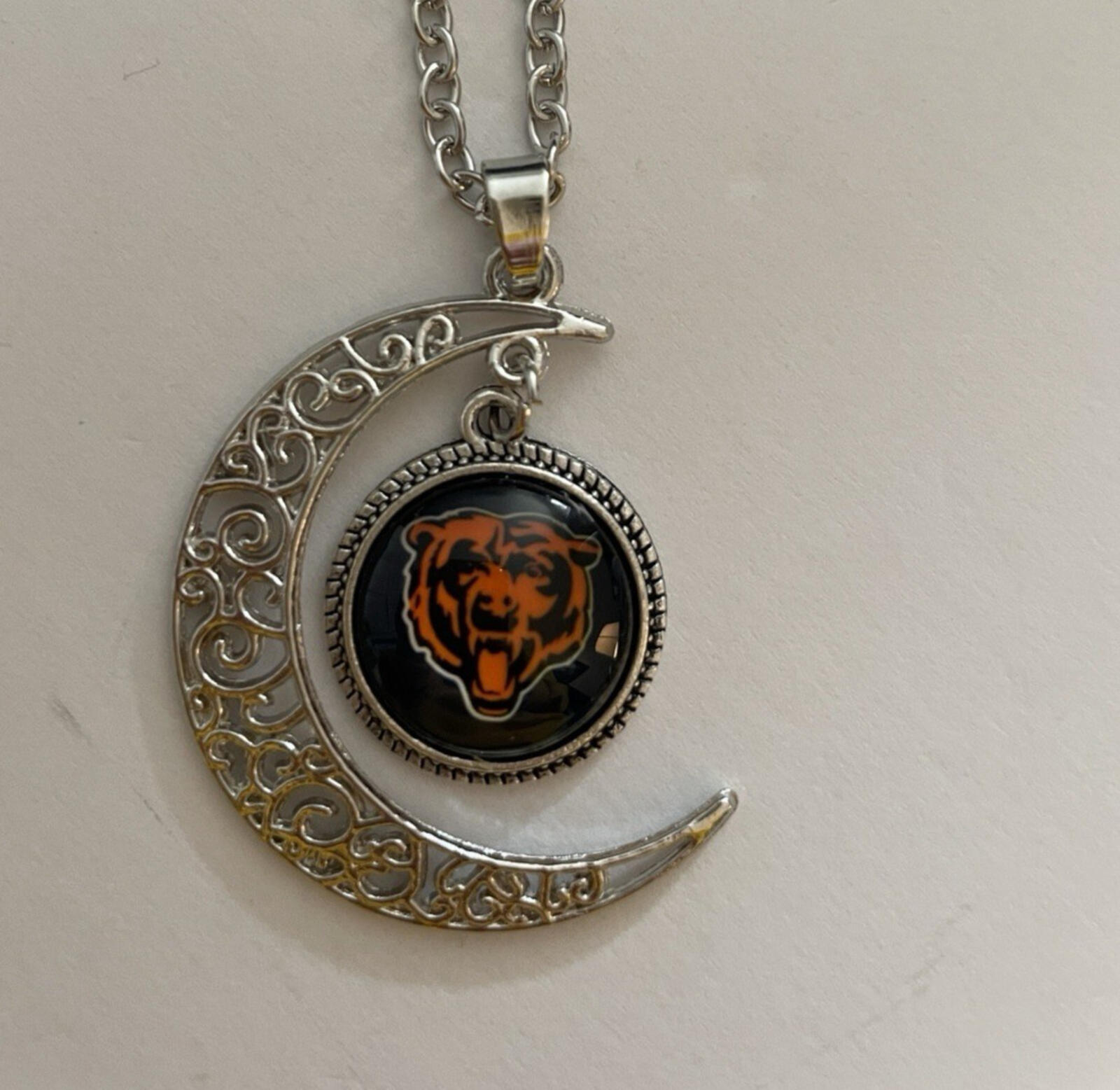 Chicago Bears Football Team Football Bear In Crescent Moon Pendant Necklace