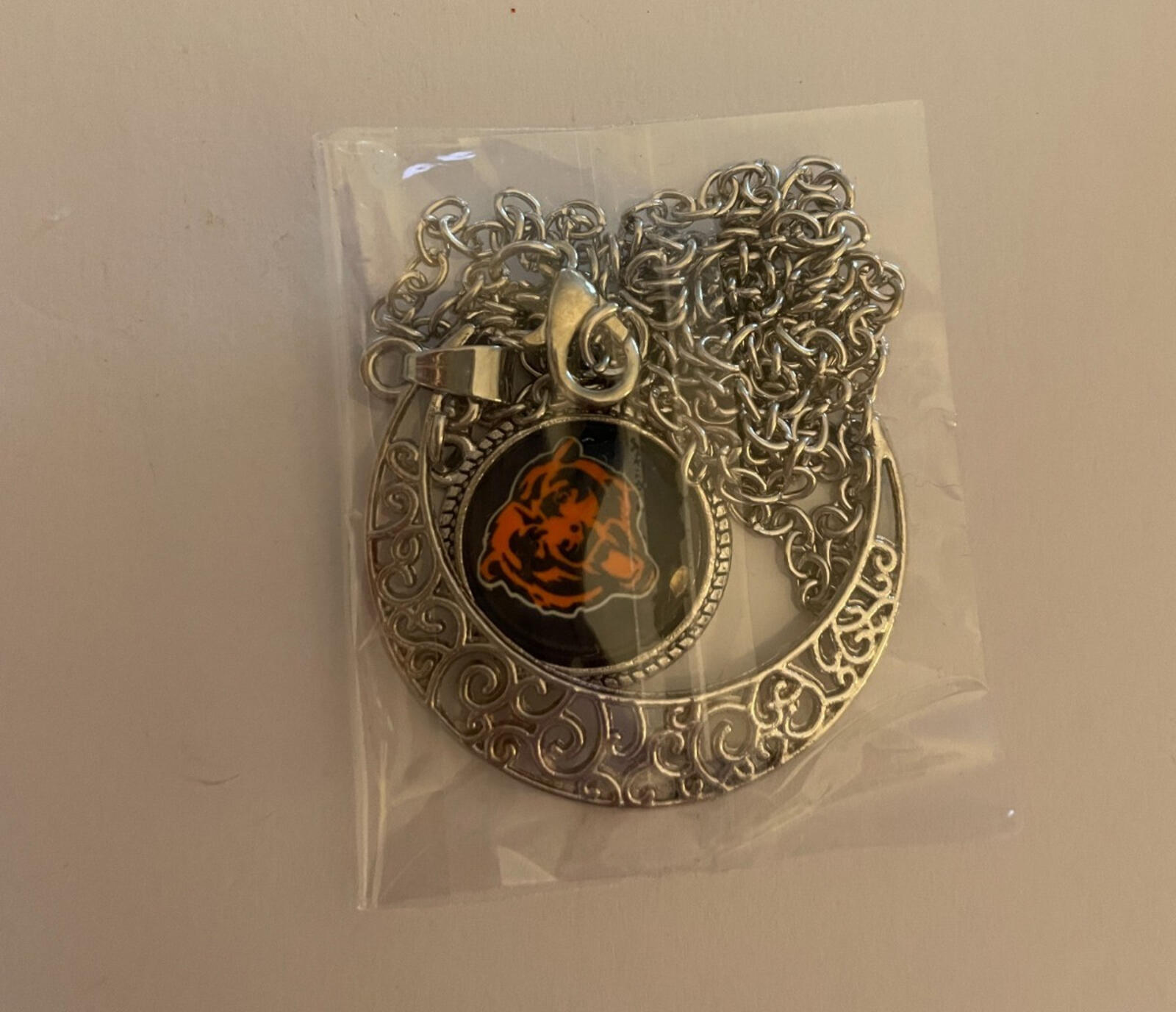 Chicago Bears Football Team Football Bear In Crescent Moon Pendant Necklace - Image 2