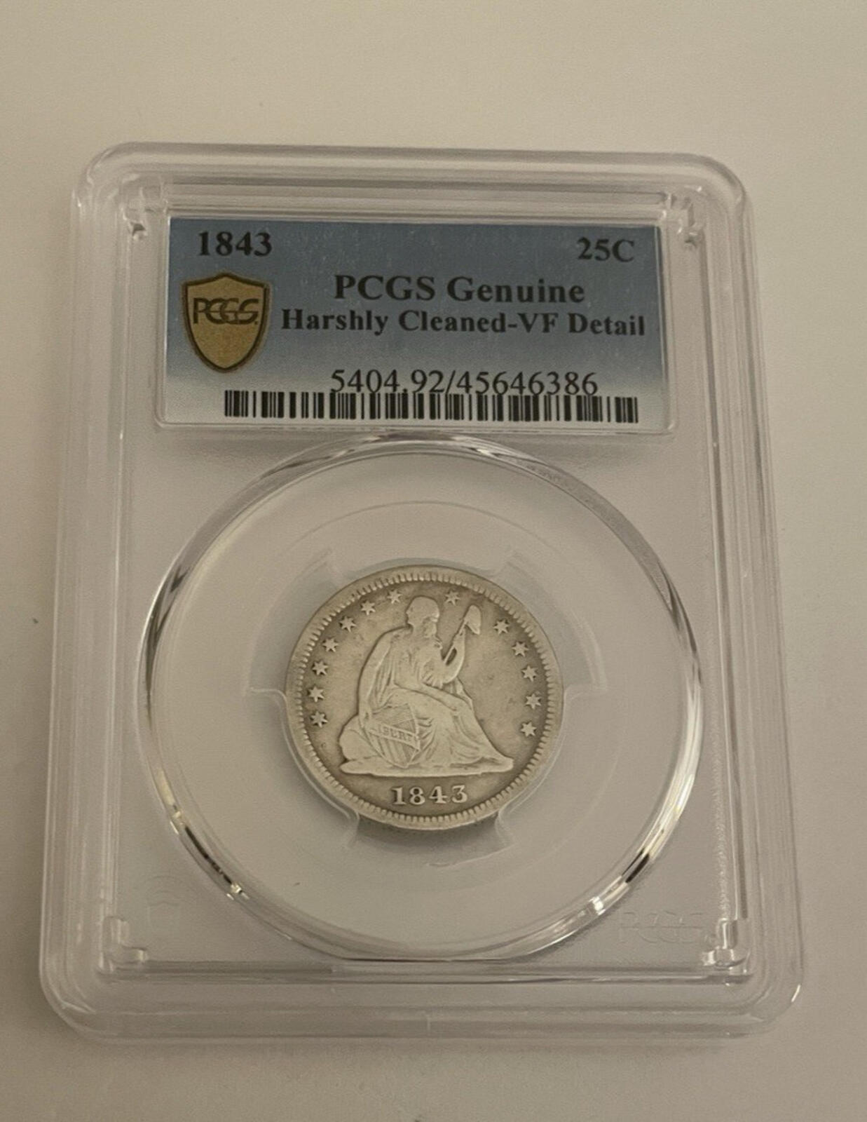 1843 25c Seated Liberty Coin PCGS Harshly Cleaned VF Detail Graded Coin