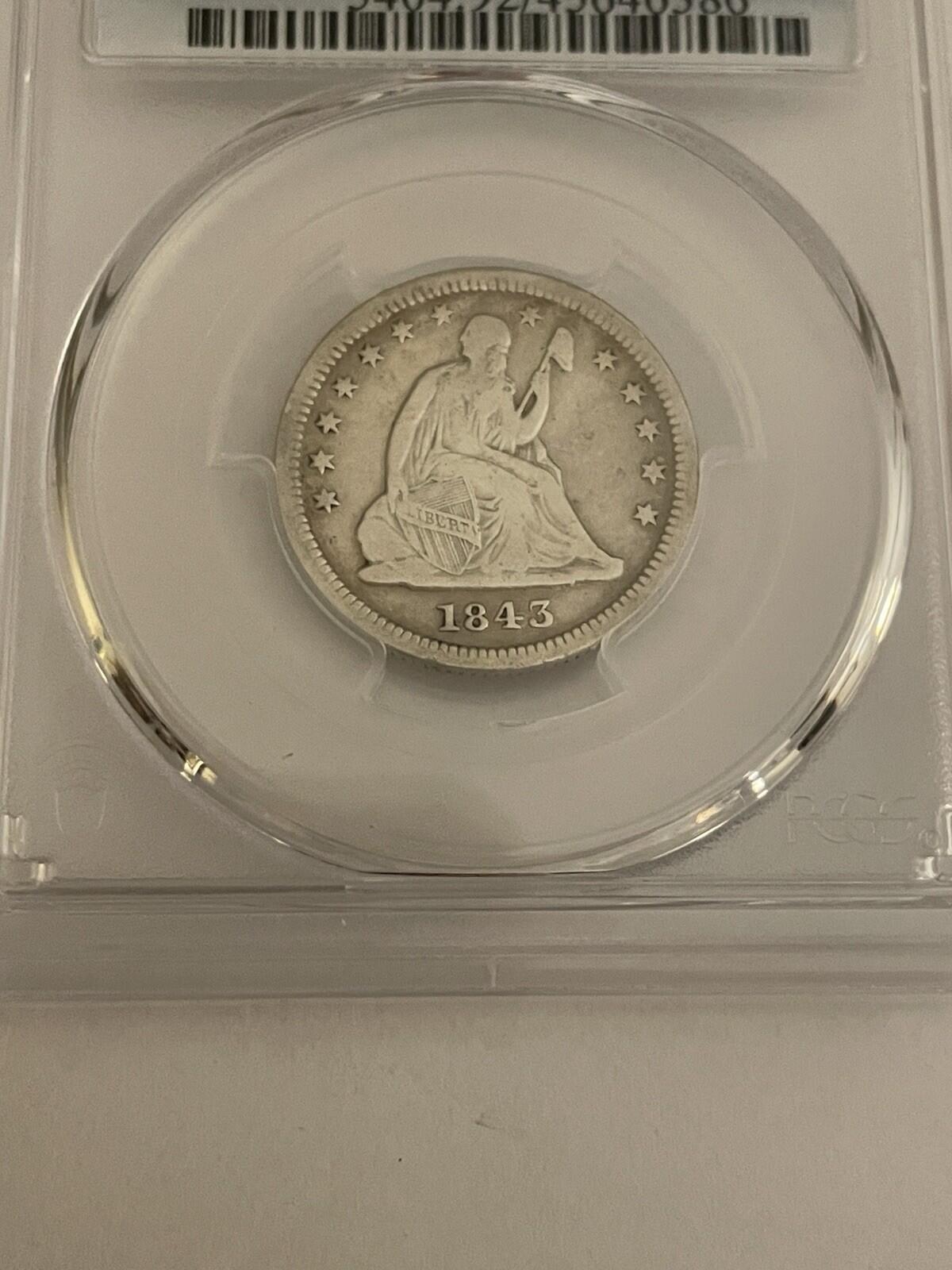 1843 25c Seated Liberty Coin PCGS Harshly Cleaned VF Detail Graded Coin - Image 2