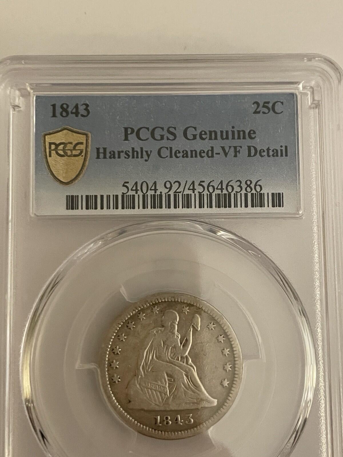 1843 25c Seated Liberty Coin PCGS Harshly Cleaned VF Detail Graded Coin - Image 3