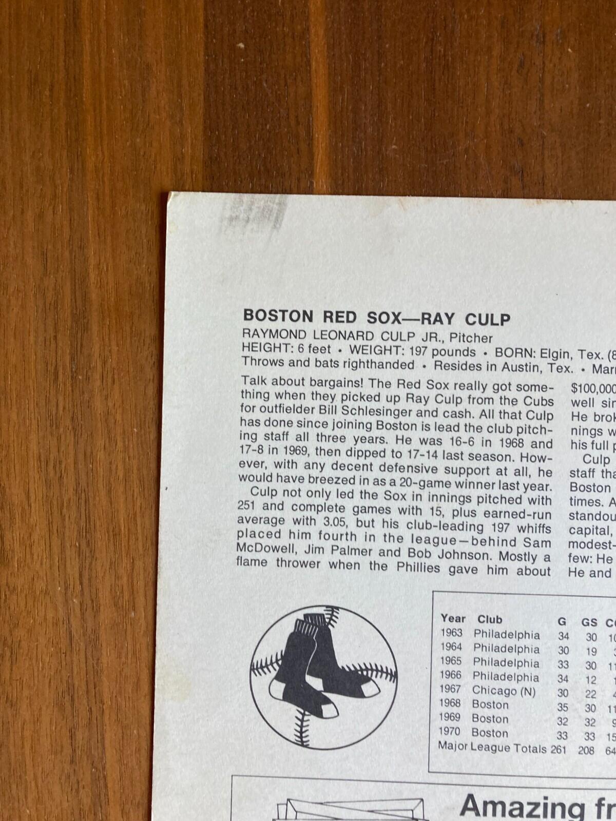 Arco Ray Culp Boston Red Sox Baseball Photo 1971 - Image 3