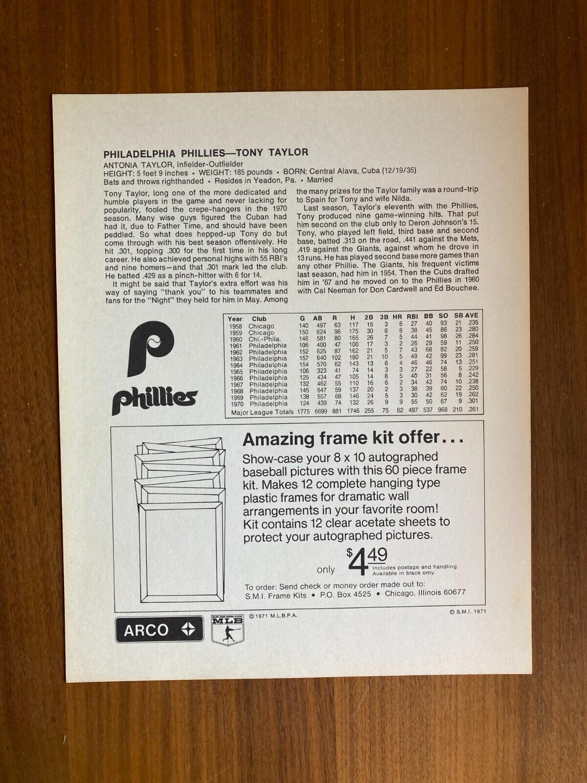 Arco Tony Taylor Philadelphia Phillies Baseball Photo 1971 - Image 2