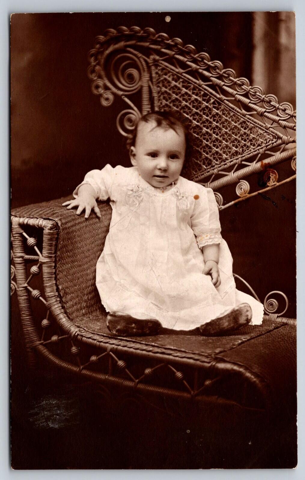 Baby Posing In Elaborate Wicker Chair Photo Postcard RPPC