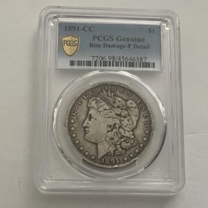 1891 CC Morgan Silver Dollar $1 PCGS Genuine Rim Damage F Detail Graded Coin