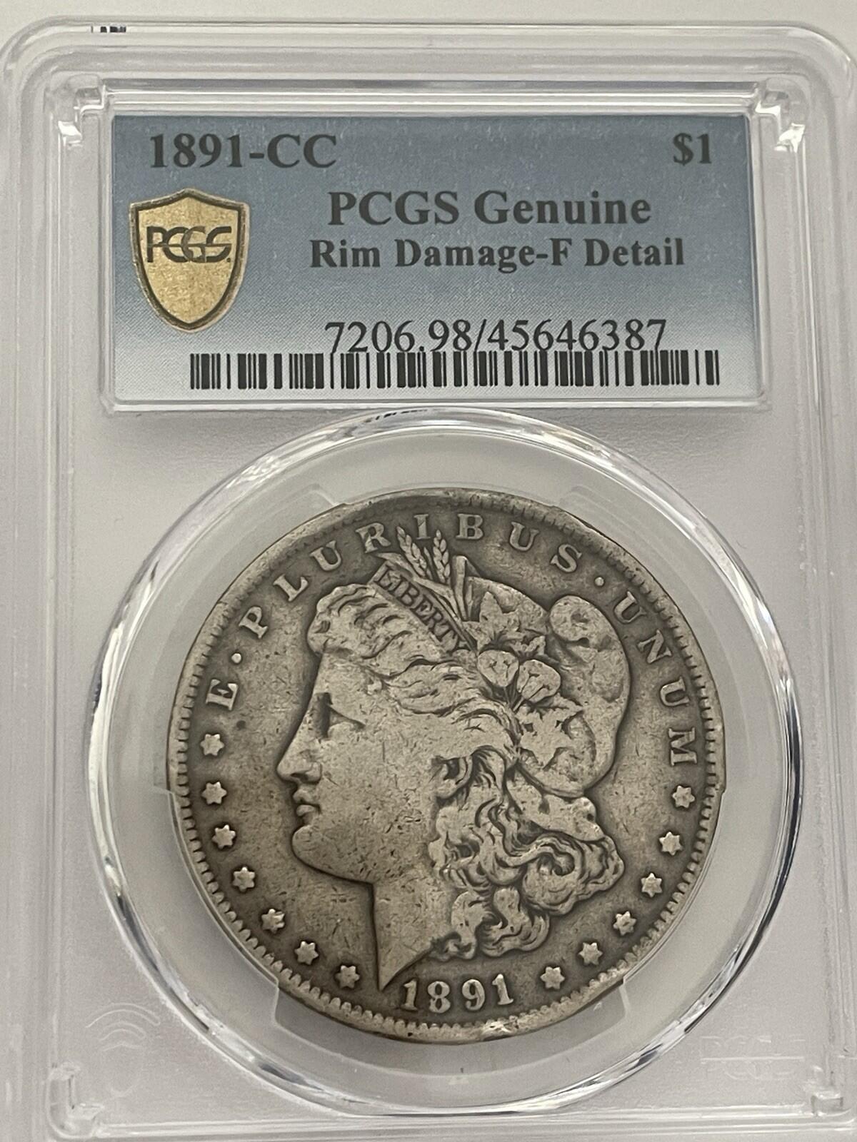 1891 CC Morgan Silver Dollar $1 PCGS Genuine Rim Damage F Detail Graded Coin - Image 3
