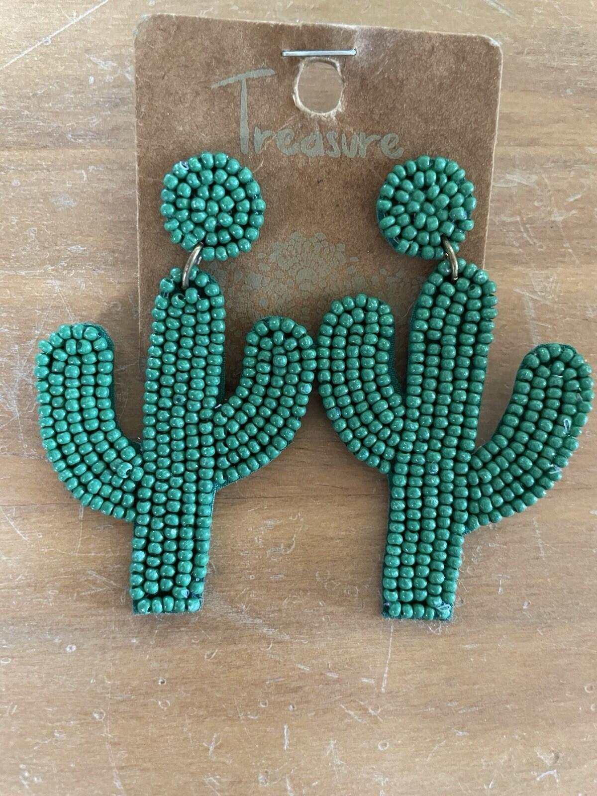 Cactus Earrings Green Beaded Cactus Earrings