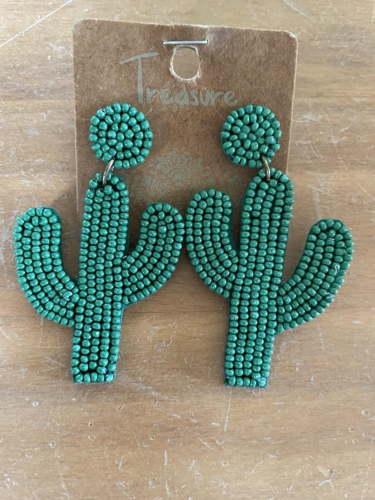 Cactus Earrings Green Beaded Cactus Earrings - Image 2