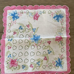 Pink And Blue Hearts & Flowers Handkerchief Vintage Ladies Hankie Lovely Design