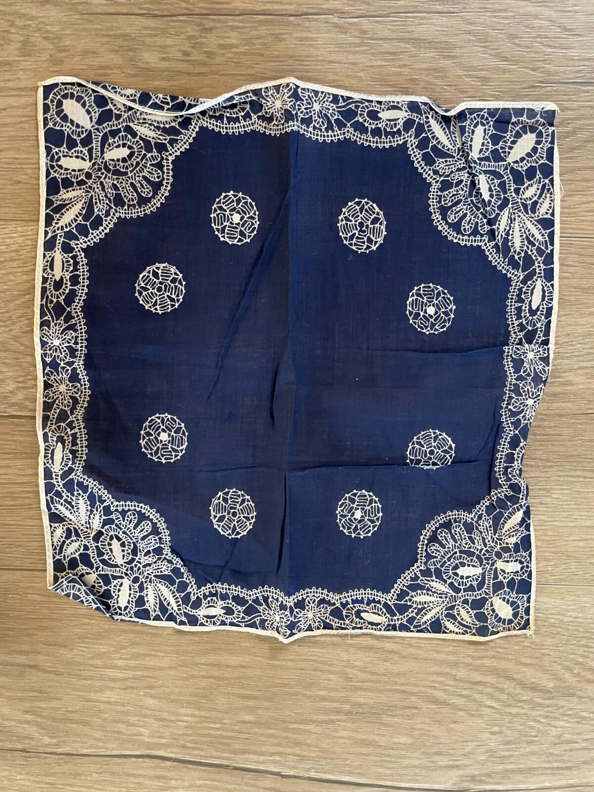 Blue Handkerchief Vintage Ladies Hankie Blue With White Design Hankie
