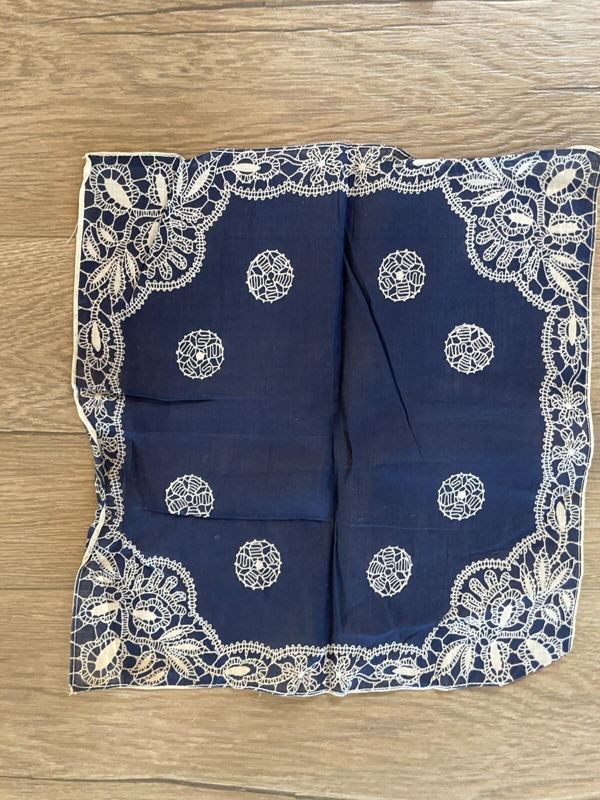 Blue Handkerchief Vintage Ladies Hankie Blue With White Design Hankie - Image 2