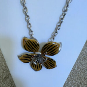 Chico’s Tiger Stripe Flower Pendant Necklace Brown Enamel Statement Jewelry