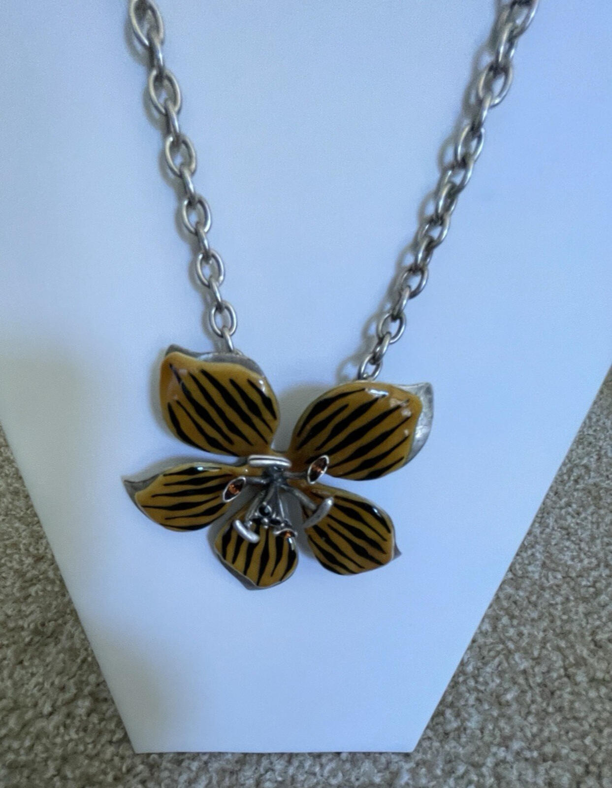 Chico’s Tiger Stripe Flower Pendant Necklace Brown Enamel Statement Jewelry