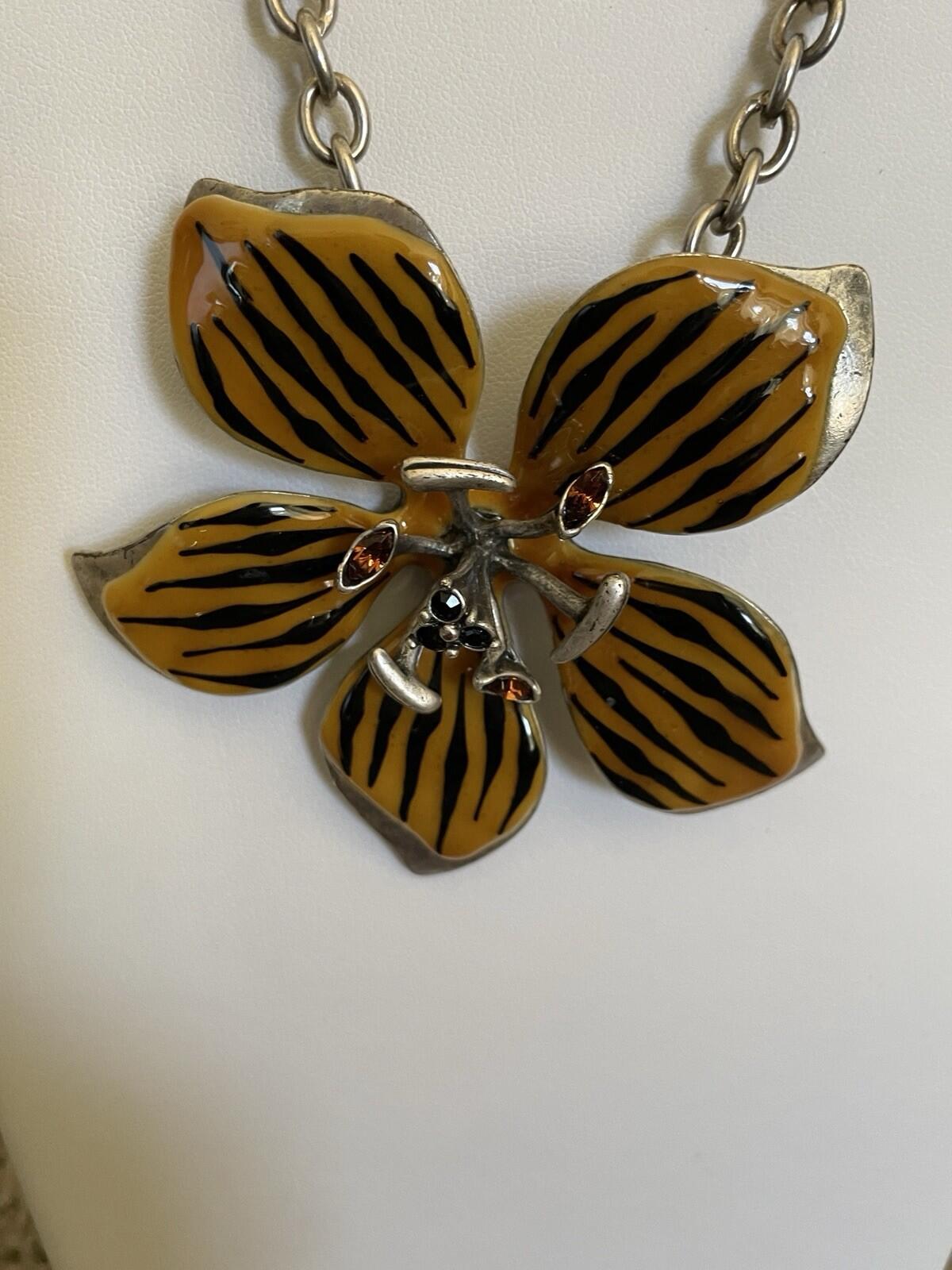 Chico’s Tiger Stripe Flower Pendant Necklace Brown Enamel Statement Jewelry - Image 2