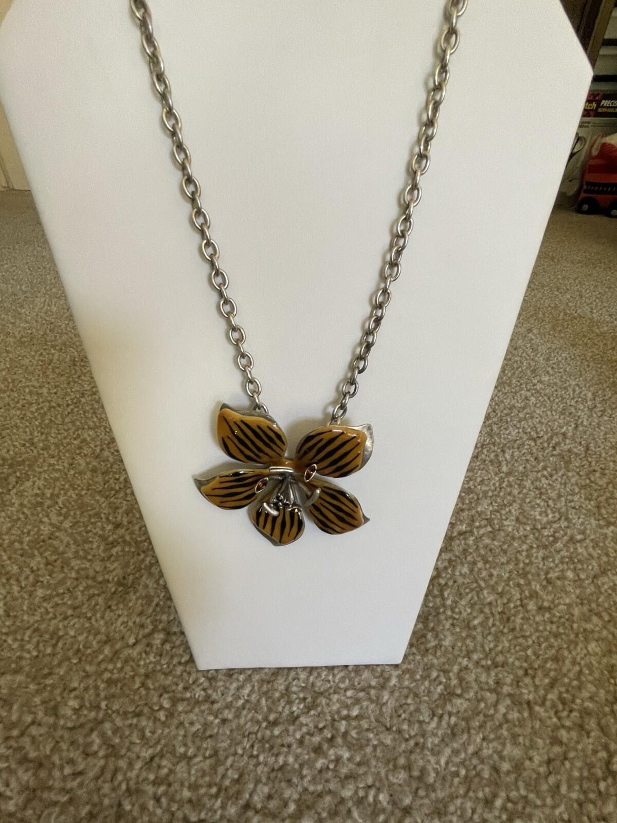 Chico’s Tiger Stripe Flower Pendant Necklace Brown Enamel Statement Jewelry - Image 3