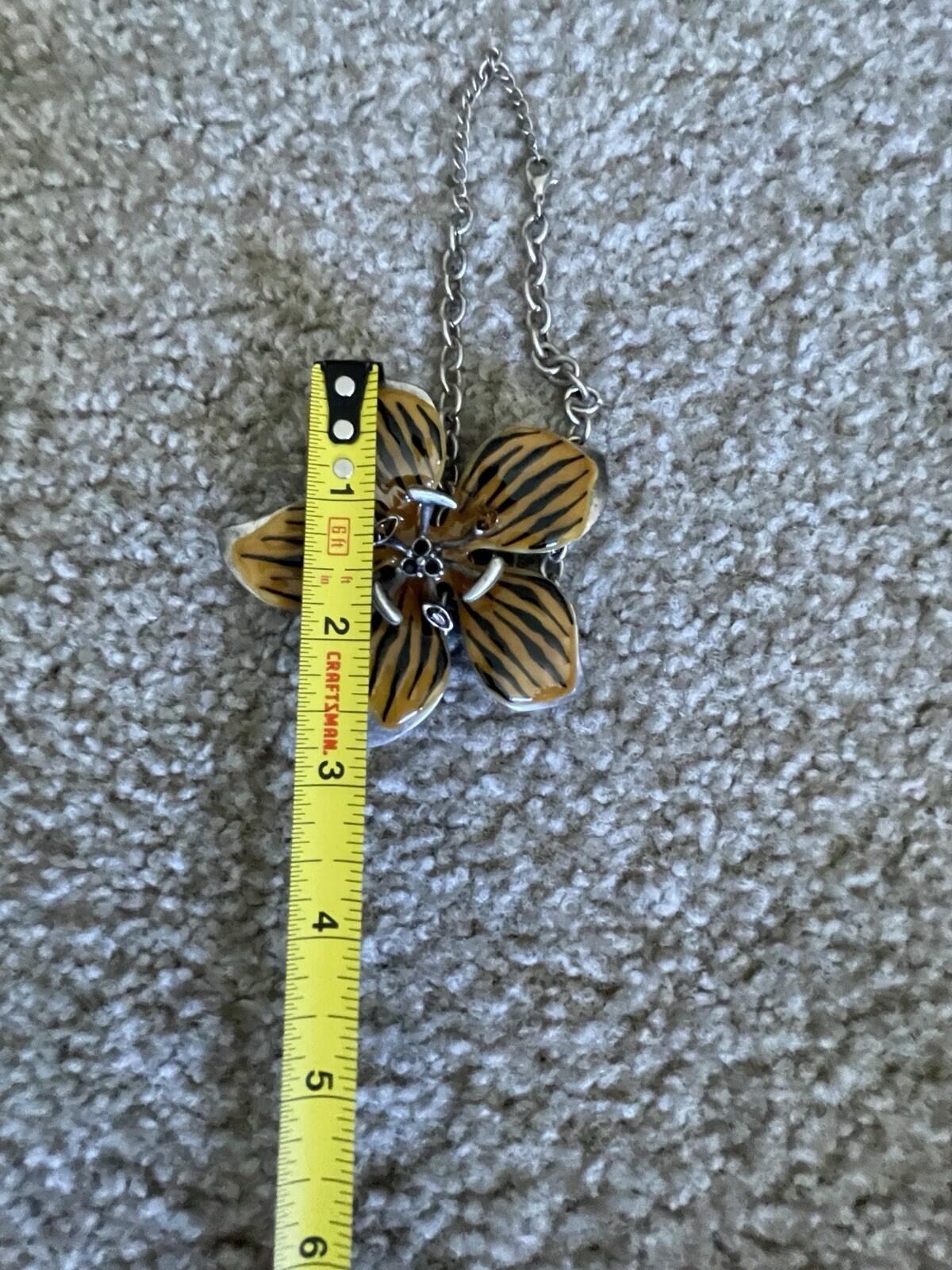 Chico’s Tiger Stripe Flower Pendant Necklace Brown Enamel Statement Jewelry - Image 9