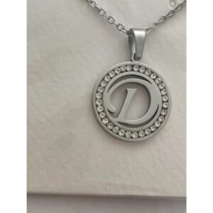 Initial D Pendant Necklace Silver Tone Rhinestone Necklace