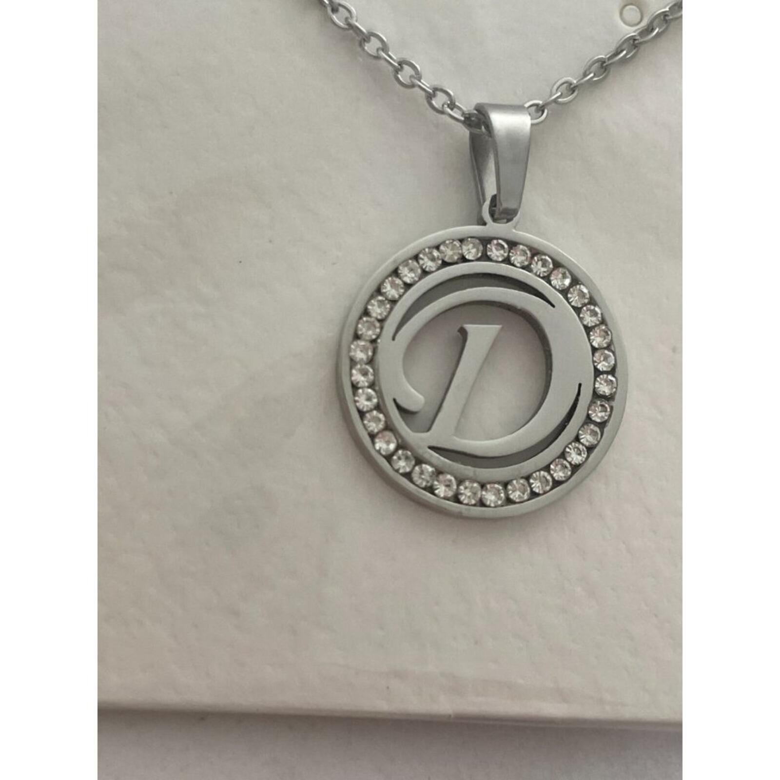 Initial D Pendant Necklace Silver Tone Rhinestone Necklace