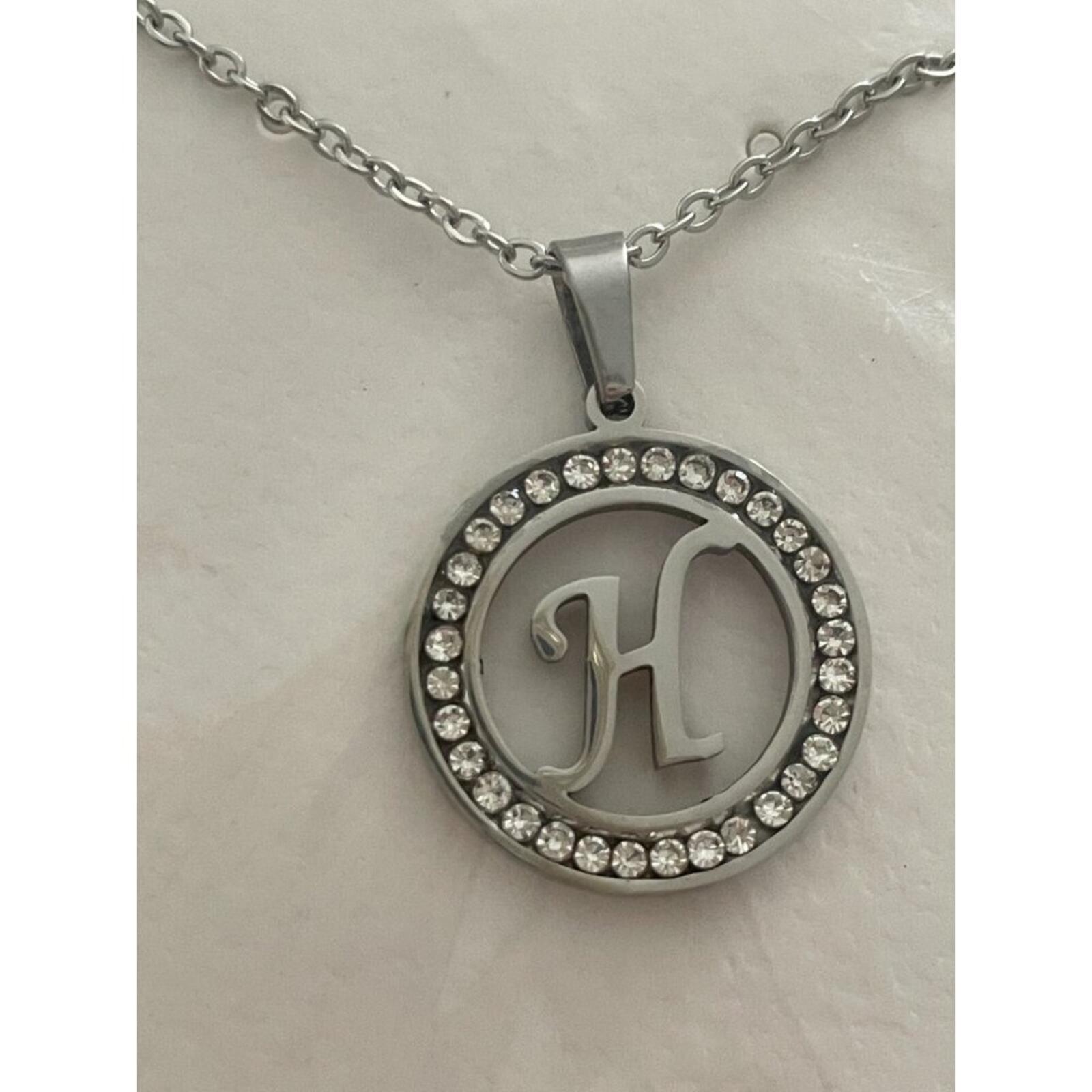 Initial H Pendant Necklace Silver Tone Rhinestone Necklace