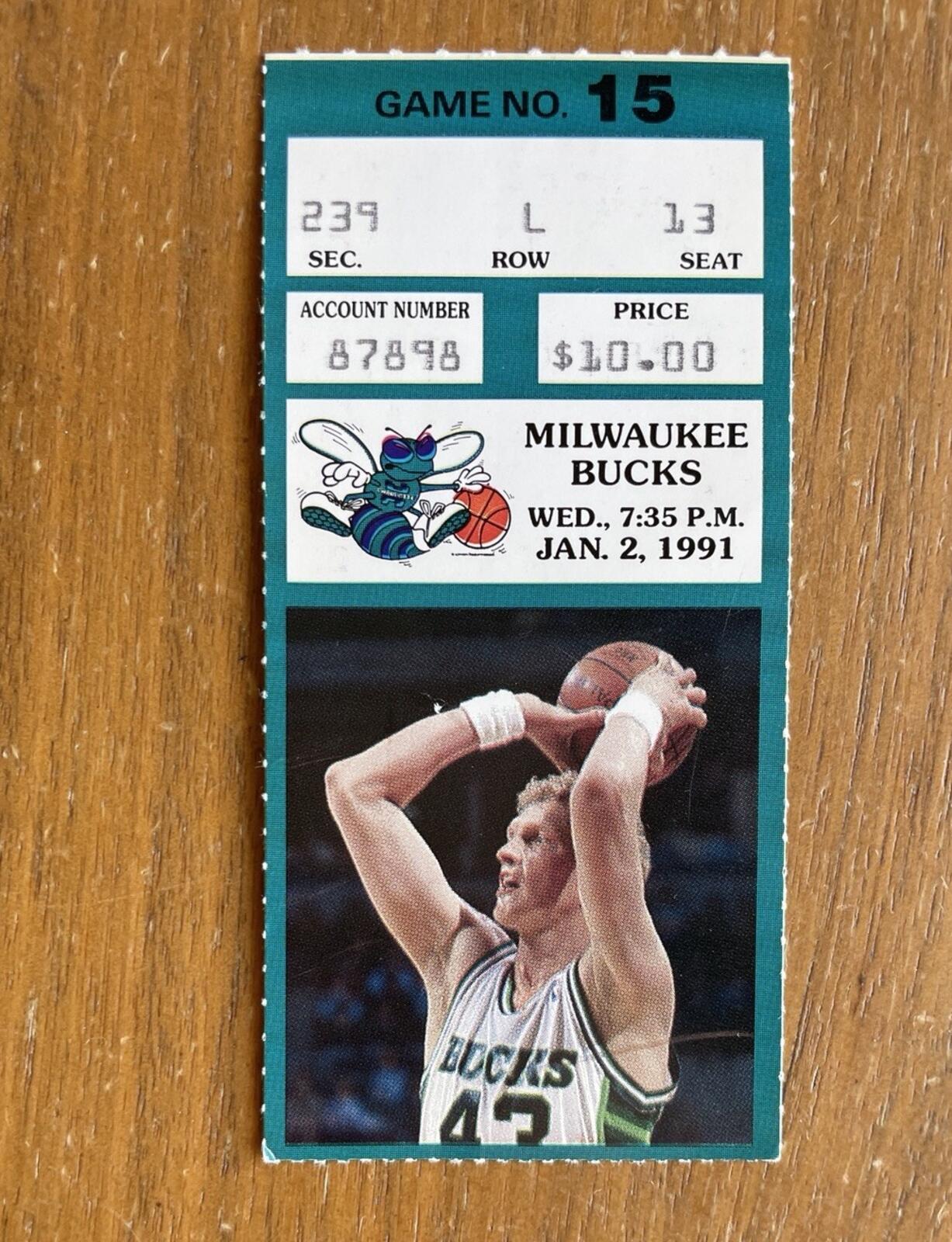 1991 Milwaukee Bucks VS Charlotte Hornets Larry Bird Ticket Stub Basketball