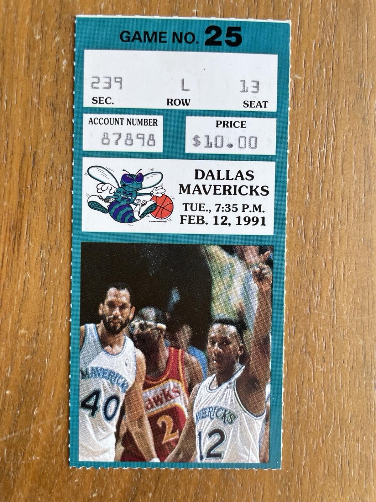 1991 Dallas Mavericks VS Charlotte Hornets Ticket Stub Derek Harper NBA