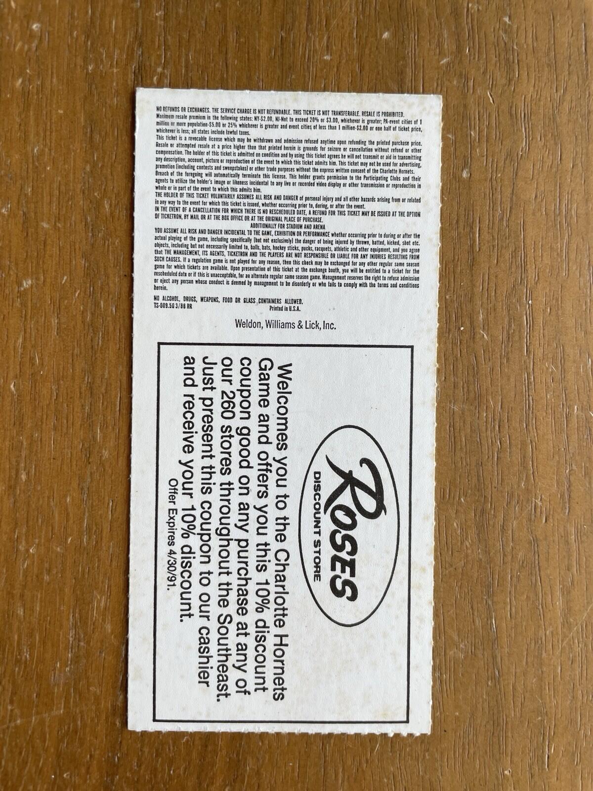 1991 Dallas Mavericks VS Charlotte Hornets Ticket Stub Derek Harper NBA - Image 2
