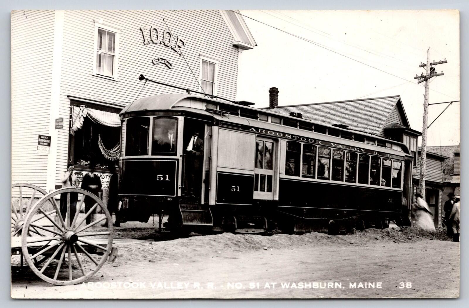 Aroostook Valley R.R. No 51 Trolley At Washburn Maine Postcard RPPC