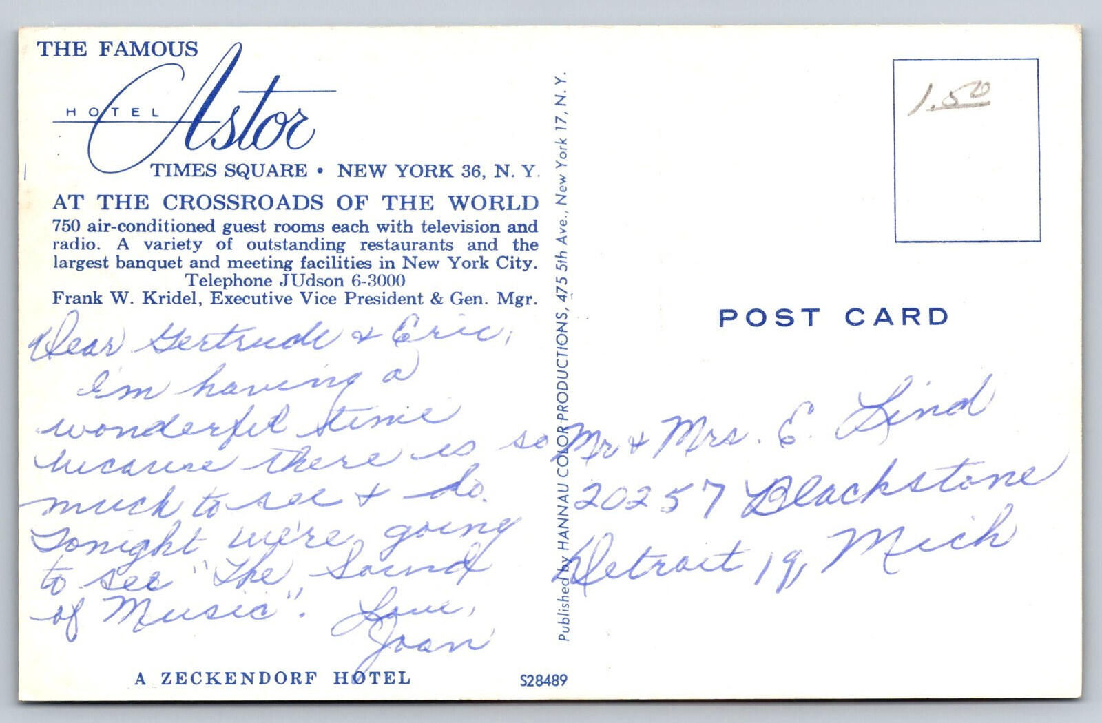 Astor Hotel Times Square New York Postcard Pepsi Sign Chevrolet Hit Parade Sign - Image 2