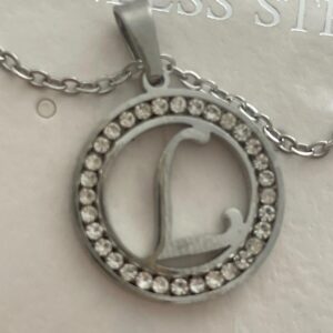 Initial L Pendant Necklace Silver Tone Rhinestone Necklace