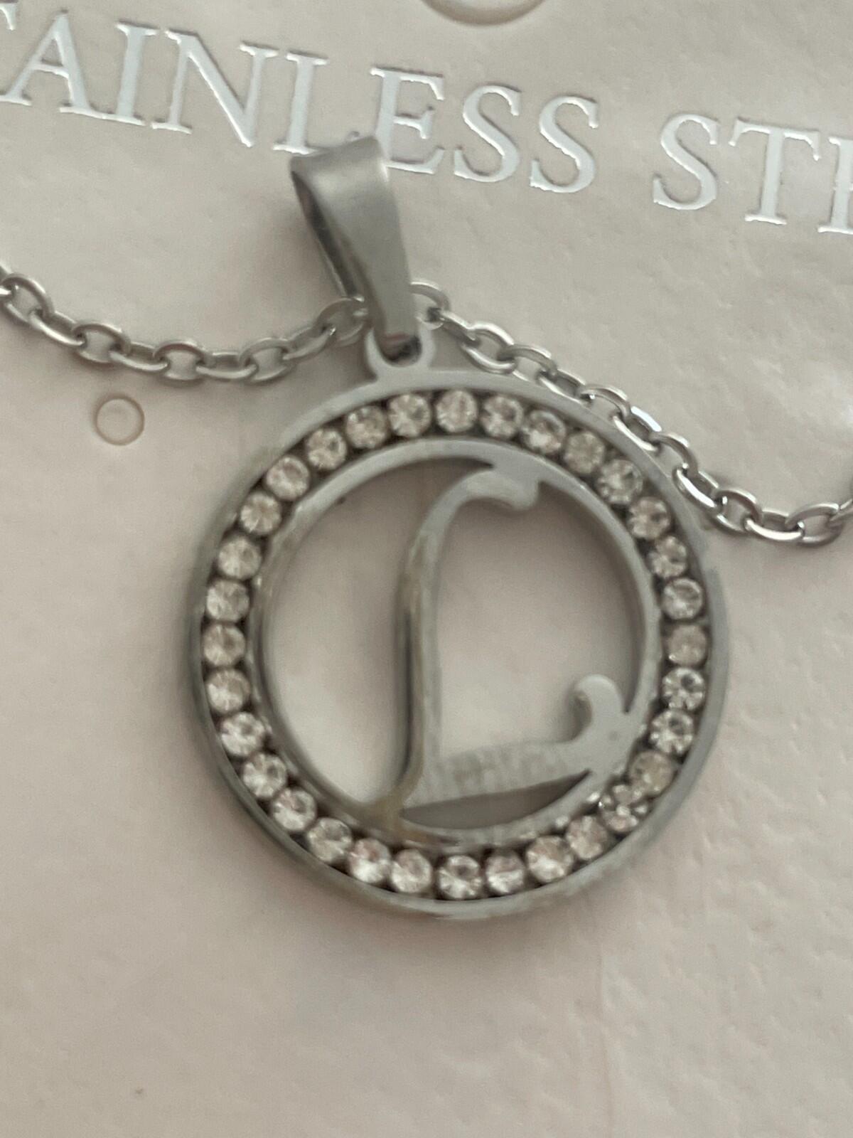 Initial L Pendant Necklace Silver Tone Rhinestone Necklace