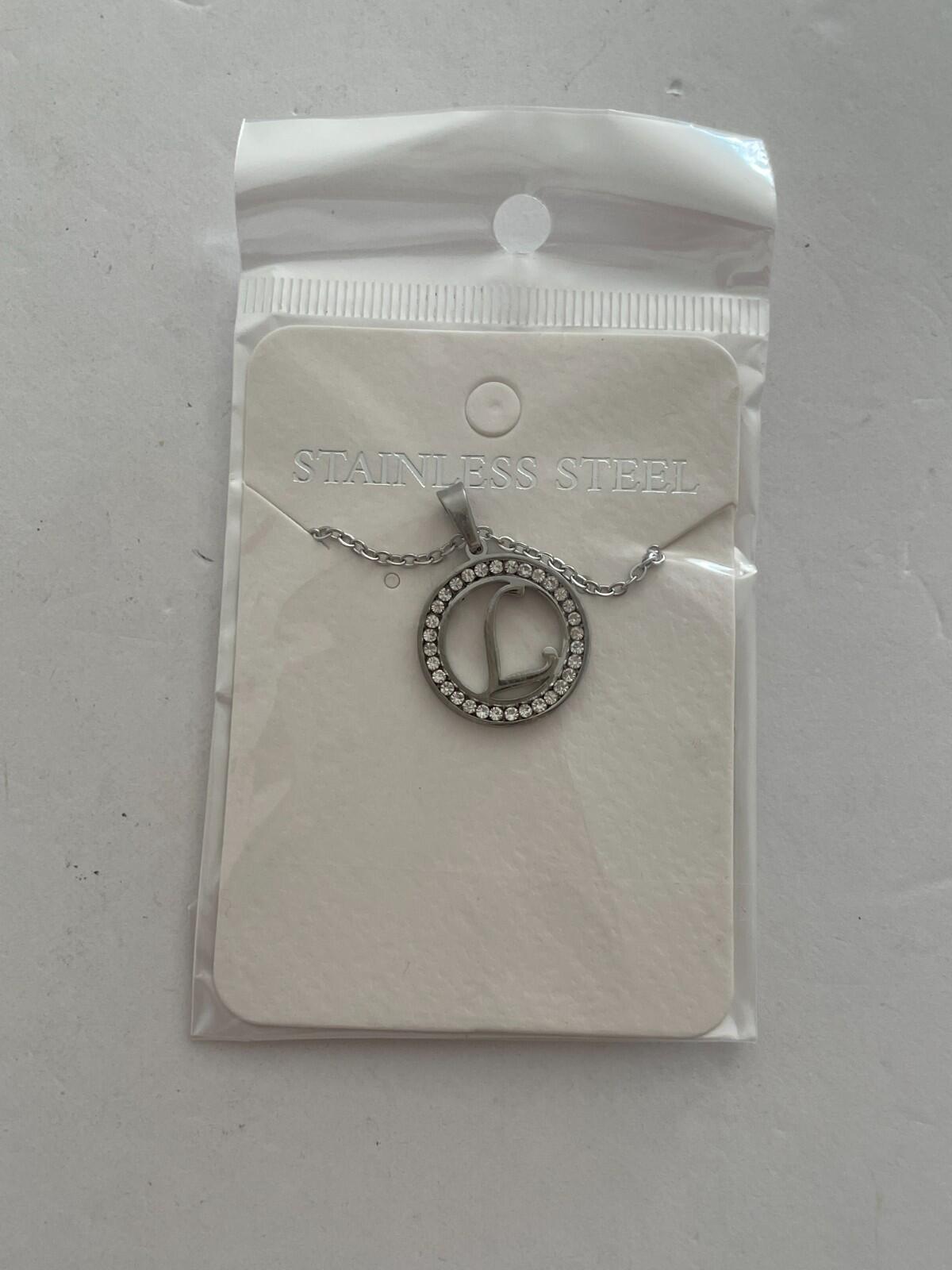 Initial L Pendant Necklace Silver Tone Rhinestone Necklace - Image 3