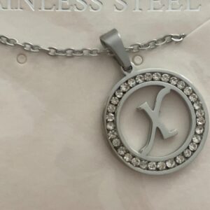 Initial X Pendant Necklace Silver Tone Rhinestone Necklace